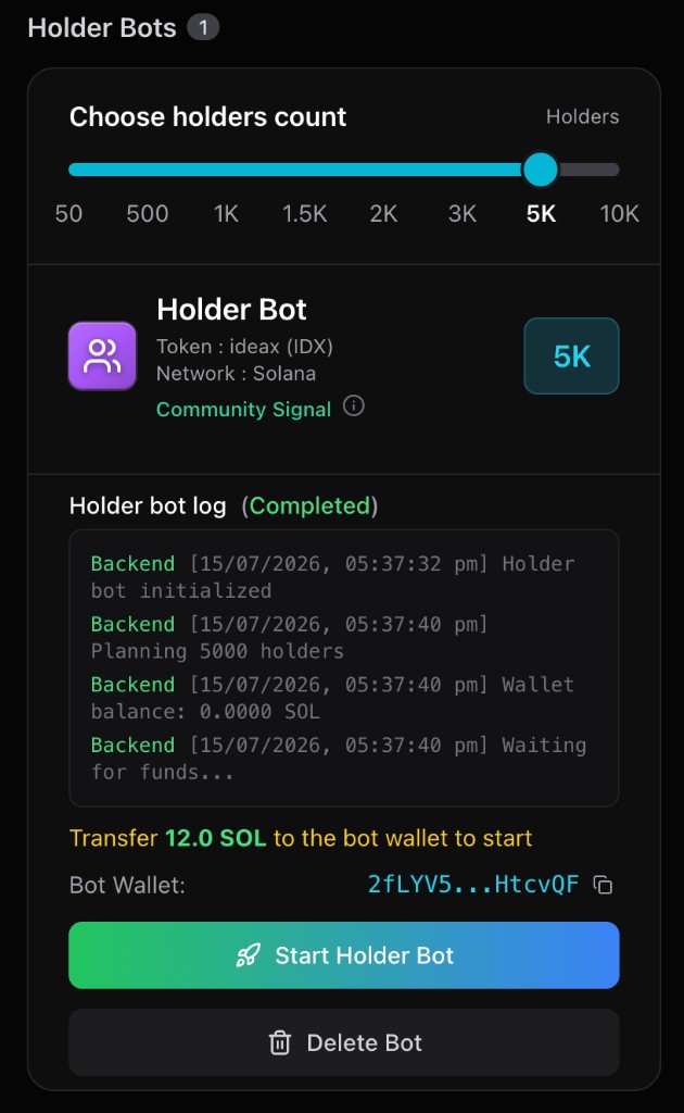 IDX Holders Maker dashboard showing holder count slider, bot log, funding wallet, and Start Holder Bot controls