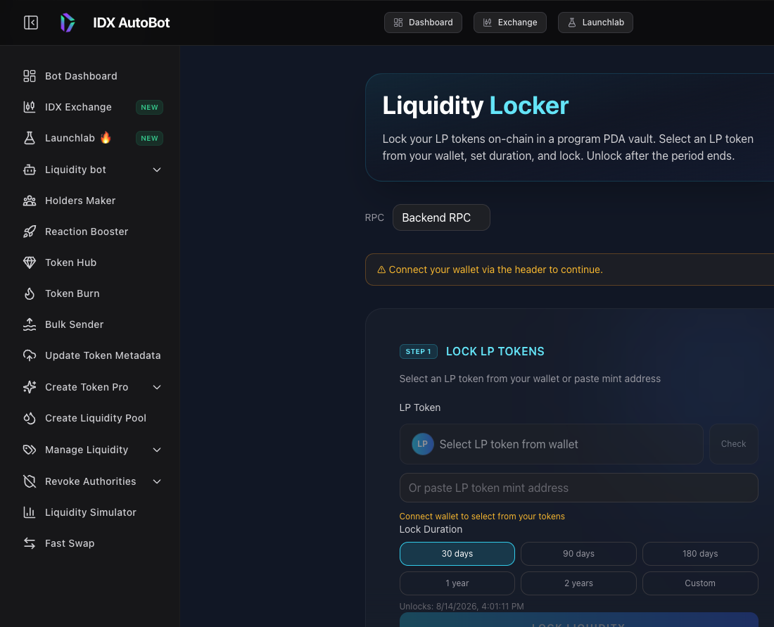 IDX Liquidity Locker in Tools — LP token selection, lock duration, and on-chain lock flow