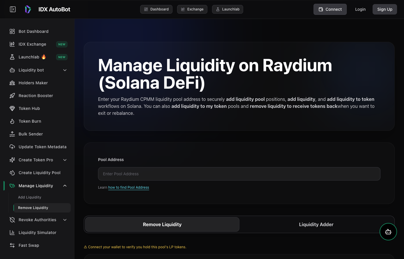 IDX Remove Liquidity tool in Tools — Raydium pool address, LP amount, and remove flow